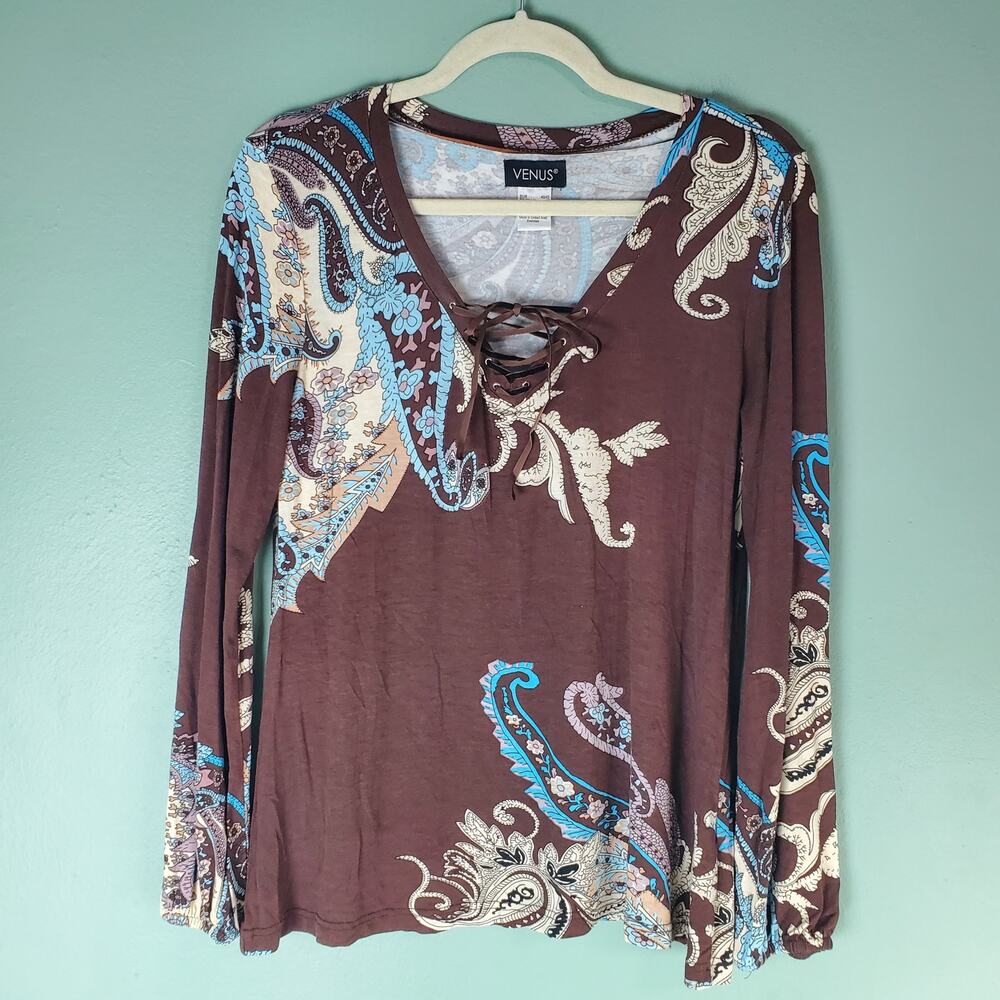Venus Womens Medium Brown Paisley V-Neck Lace Up Long Sleeve Top Boho Stretch